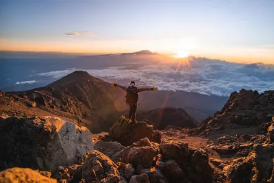 Trekker with arms raised celebrating sunrise at Mount Meru's summit, with Kilimanjaro visible across the clouds